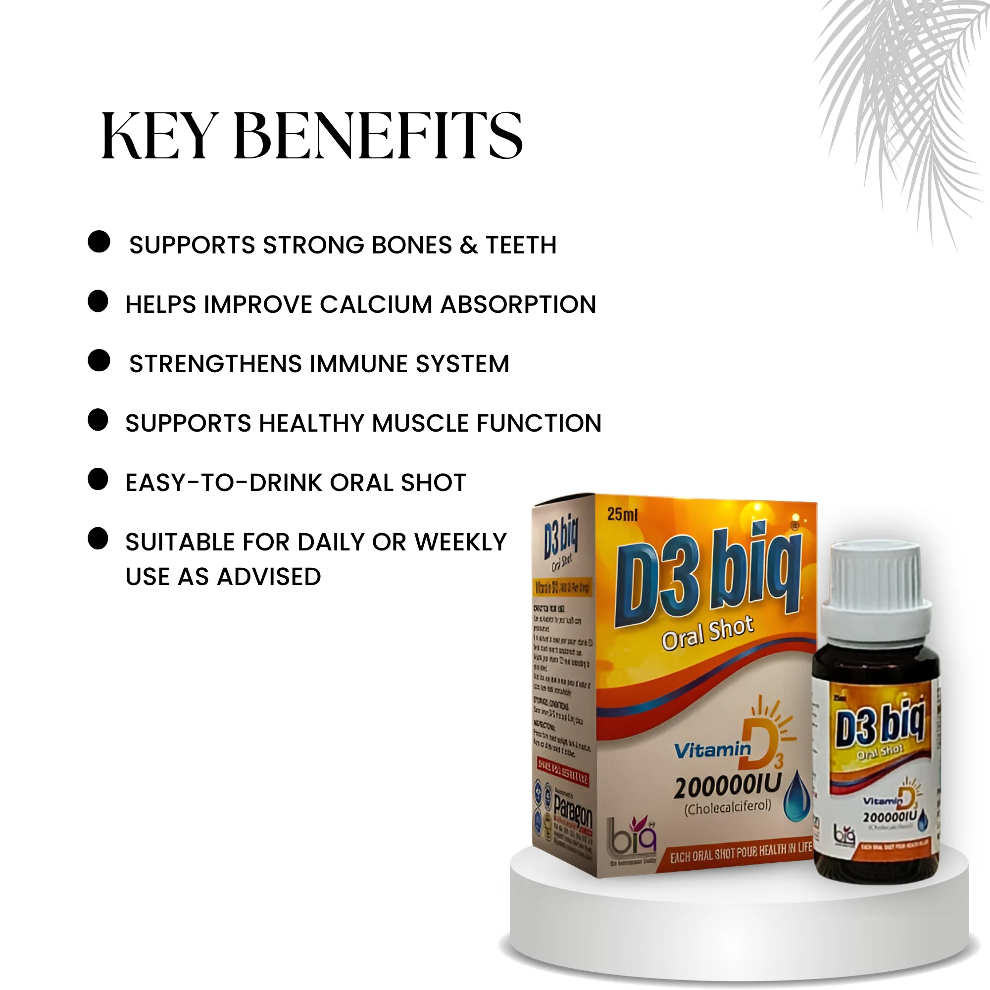 D3 BIQ Oral Shot 25ml | Vitamin D3 Supplement | Bone, Immunity & Muscle Support - Image 2
